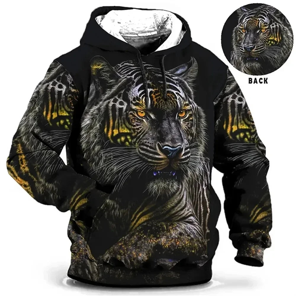 Vintage Hoodies for Men Wolf Animal Pattern 3D Print Eagle Leopard Tops Autumn Winter Casual Long Sleeve Oversized Tiger Hooded