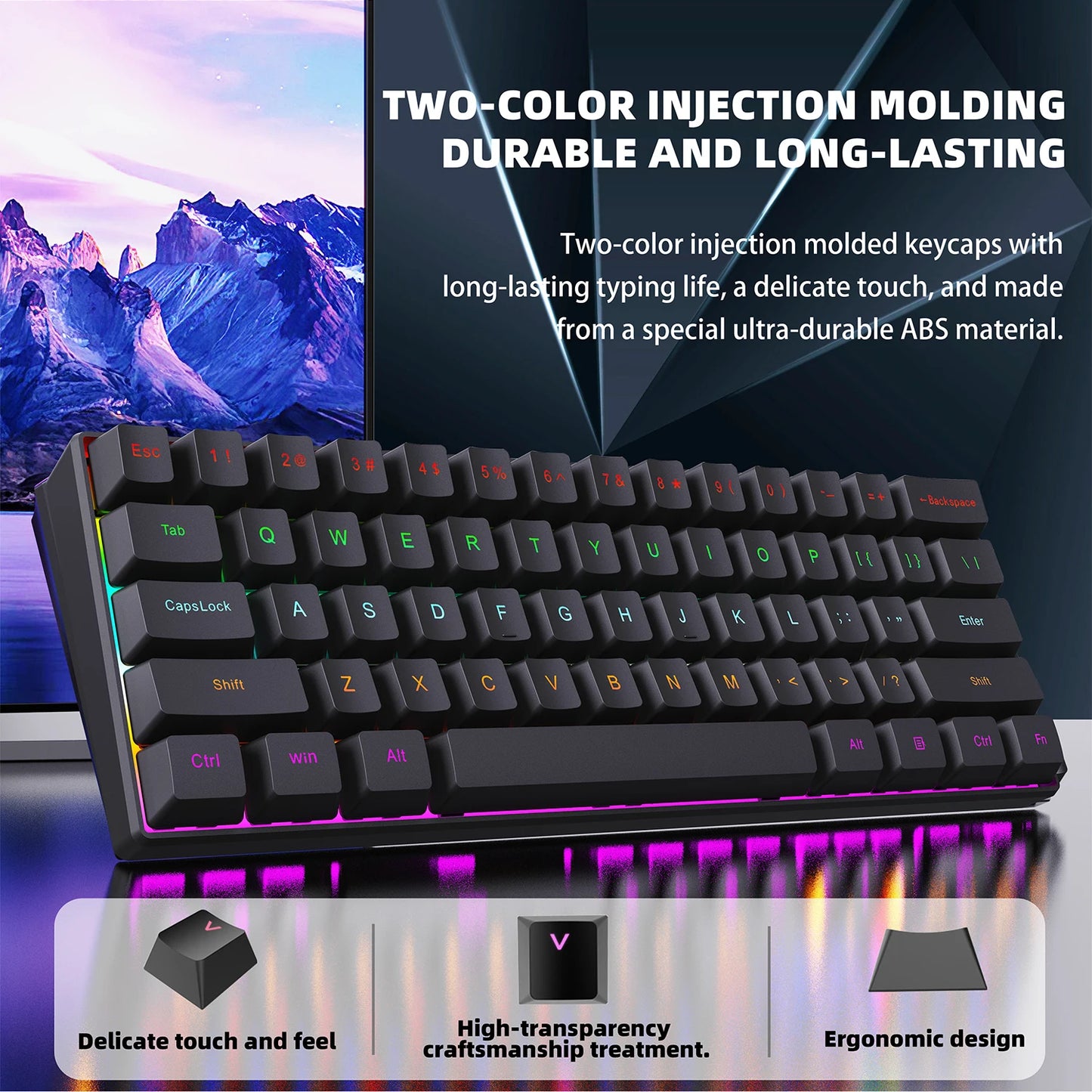 H61K USB-Type C Wired Mechanical Keyboard Red Switch RGB Backlit 61 Keys English Spanish Wired Keyboard for Game Office