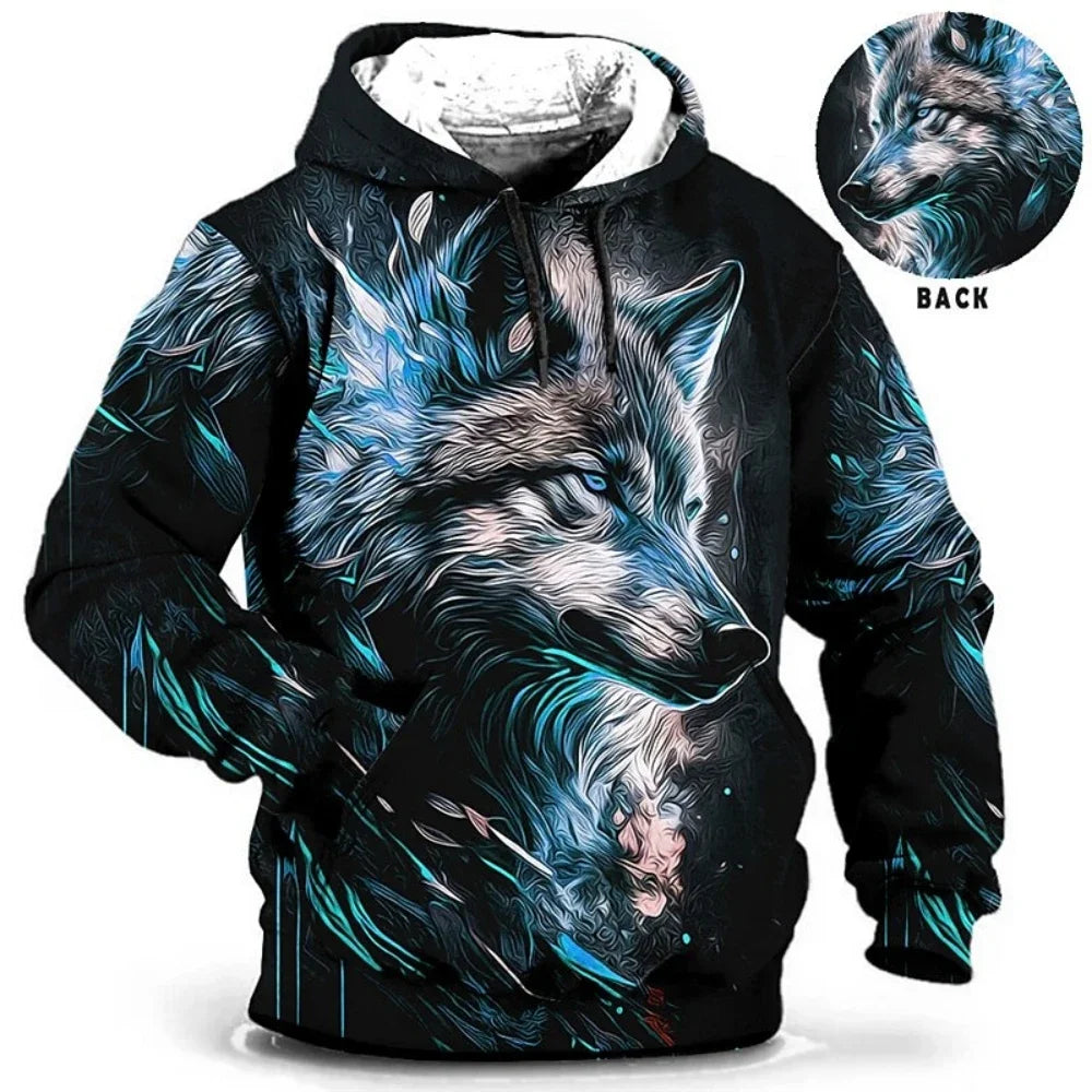 Vintage Hoodies for Men Wolf Animal Pattern 3D Print Eagle Leopard Tops Autumn Winter Casual Long Sleeve Oversized Tiger Hooded