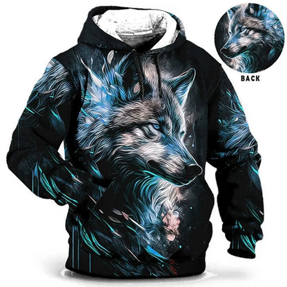 Vintage Hoodies for Men Wolf Animal Pattern 3D Print Eagle Leopard Tops Autumn Winter Casual Long Sleeve Oversized Tiger Hooded
