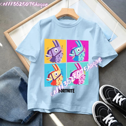 Fortnites Kids Blue Cotton T-Shirt Fortress Night Baby Short Sleeve Tees Shirt Cartoon Boy Girl Summer Clothes Kawaii Tops Gift