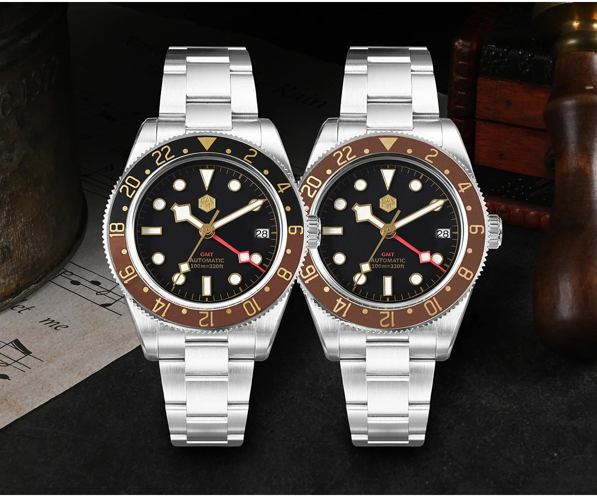 San Martin 39mm NH34 GMT Men Luxury Watch Bidirectional Aluminum Bezel Automatic Mechanical Sapphire 100M Waterproof  SN0109