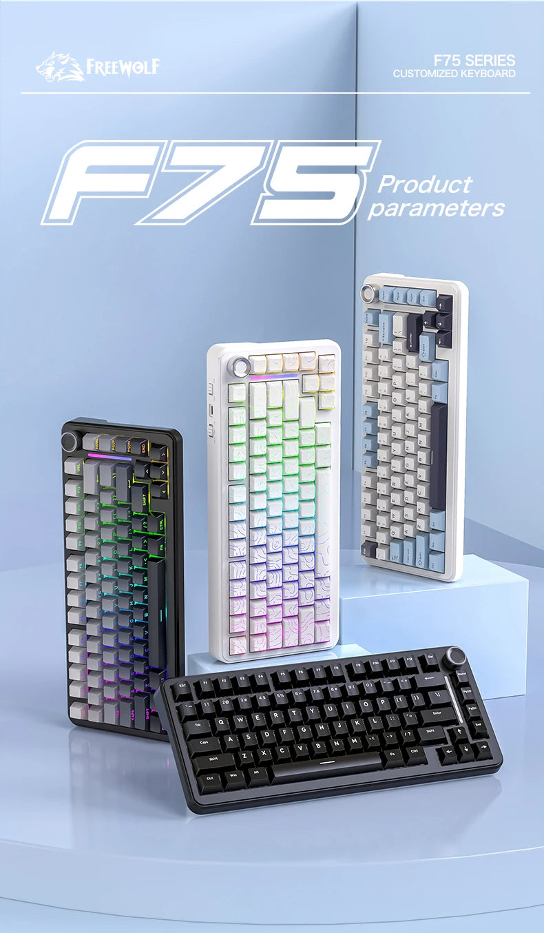 F75 Mechanical Keyboard FREEWOLF 81 Keys Layout Metal Knobs PBT Keycaps,Fully Hot-swappable Keys RGB Multi-color Backlighting