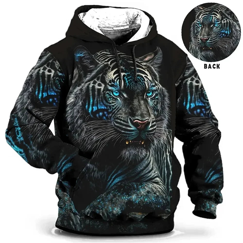 Vintage Hoodies for Men Wolf Animal Pattern 3D Print Eagle Leopard Tops Autumn Winter Casual Long Sleeve Oversized Tiger Hooded