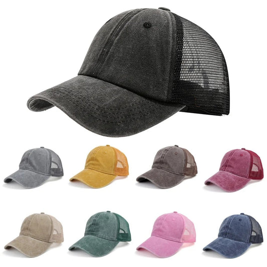 Unisex Washed Cotton Baseball Cap Vintage Solid Color Adjustable Casual Mesh Truck Caps Men Women Summer Outdoor Streetwear Hat