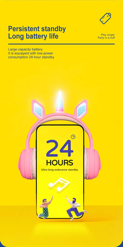 Glow Unicorn Headphones | Bunny Ear Bluetooth Headset with  Mic & TF Slot | Wireless Over-Ear LED
