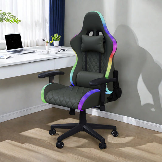 Rosahqnda Gaming Chair with Massage Function, Adjustable Office Chair, Gamer Chair with LED,Lumbar Cushion, Pillow,150 KG