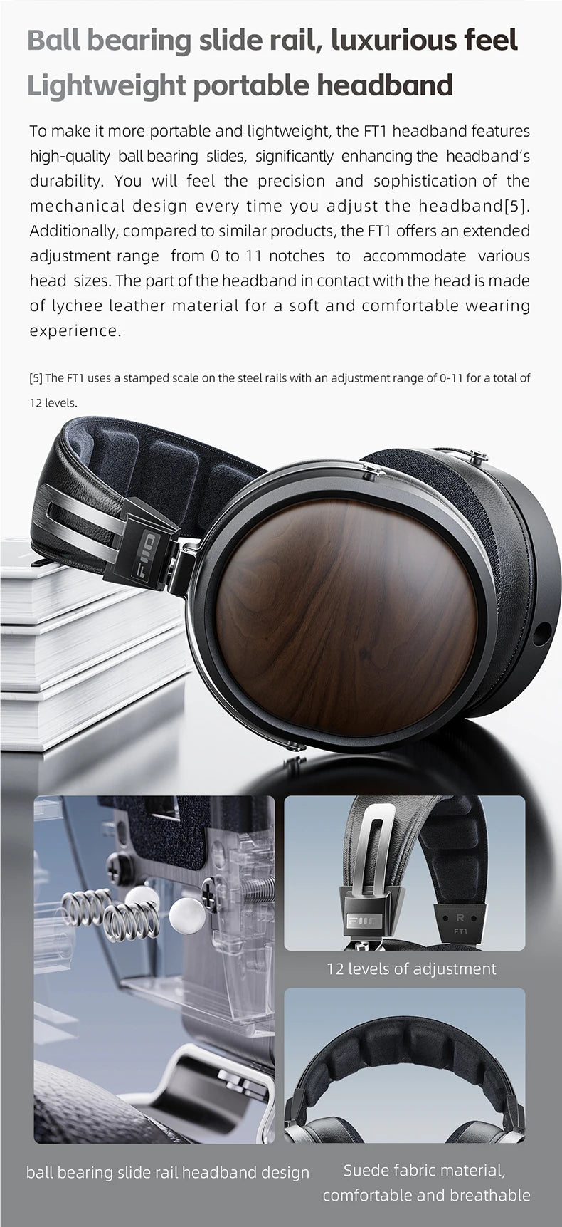 FiiO FT1 Professional Wired HiFi Monitor Headphones – North American Walnut Over-Ear Dynamic Stereo Headset with Leather & Metal Build