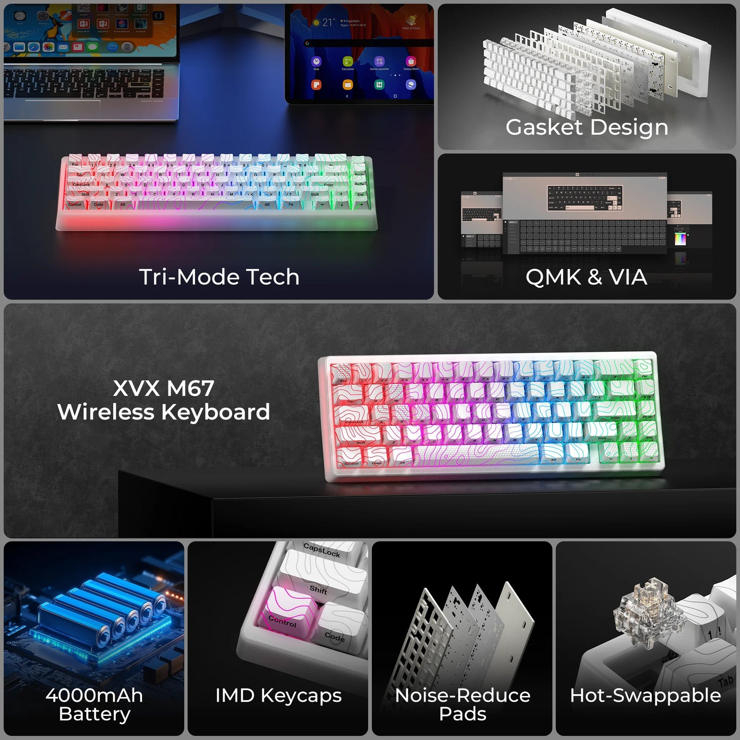 XVX Wireless Mechanical Keyboard M67 JadeStone With IMD-Tech Keycaps Tri-Mode Topographic White Gamer Keyboard Gasket Design