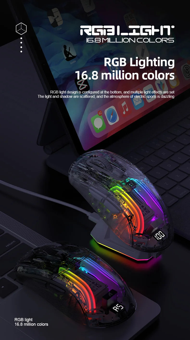 Attack Shark X2PRO Bluetooth Mouse, Tri-Mode , RGB Lights, Magnetic Charging ,Transparent, Battery Indicator, Computer Phone