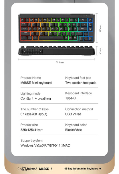 FREEWOLF M68SE 68% Mini Wired Keyboard RGB Backlit Silent Mechanical Feel Type-C Detachable Cable for PC Mac
