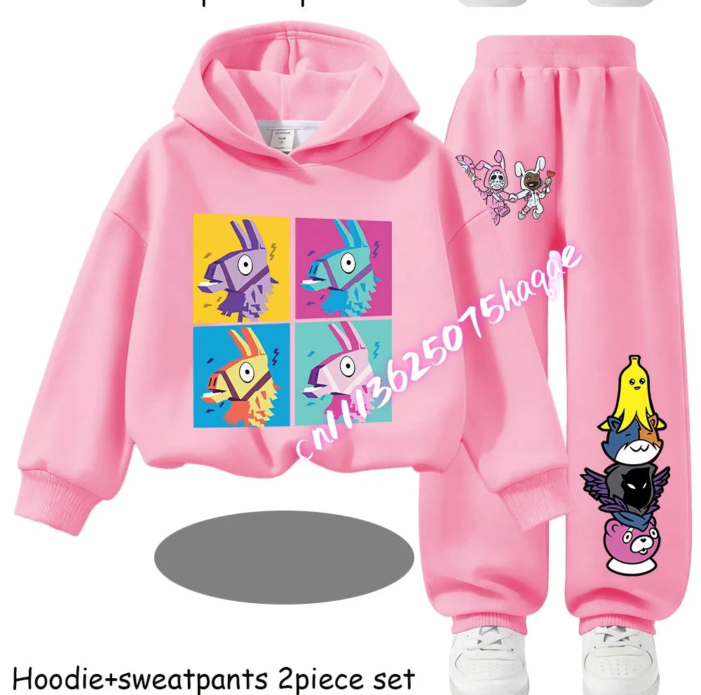 Fortnite Kinder-Set für Frühling und Herbst: langärmliges Kapuzen-Sweatshirt und Hose mit Gaming-Cartoon-Print für Jungen