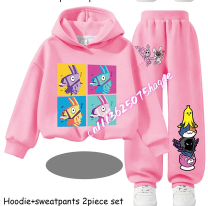 Fortnite Kinder-Set für Frühling und Herbst: langärmliges Kapuzen-Sweatshirt und Hose mit Gaming-Cartoon-Print für Jungen