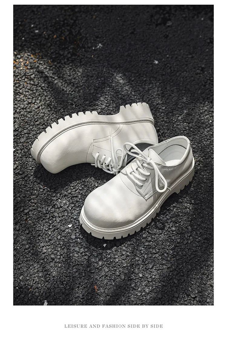 Thick Sole Casual Genuine Leather Dress Shoes Men Platform Heighten Japan Harajuku Korean Streetwear Fashion Shoes White