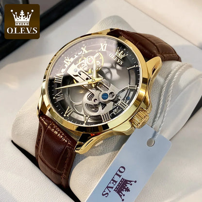 OLEVS 6661 – mekanisk automatisk herrklocka – helt transparent skelettmodell med synligt balanshjul, läderarmband, originell lyxklocka för män