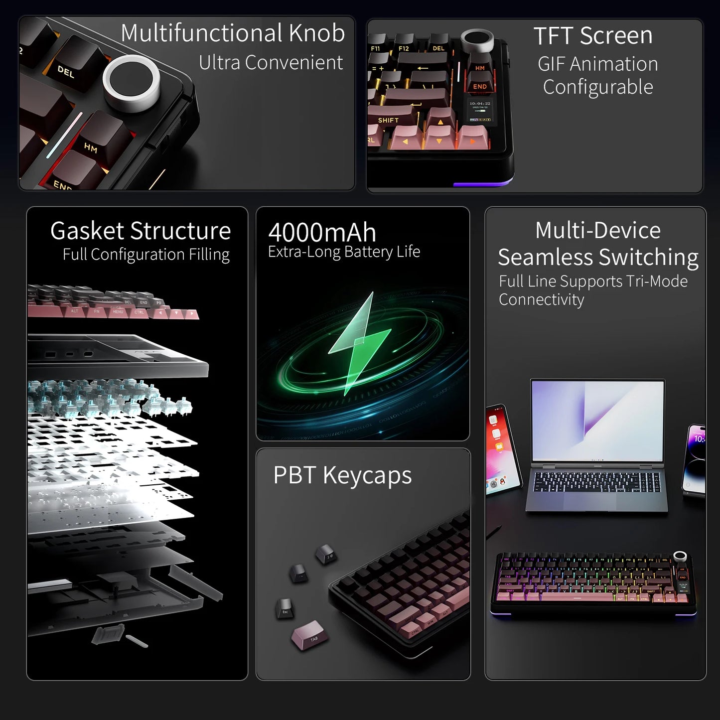AULA S75 PRO Mechanical Keyboard 75% Custom Layout RGB Backlight Wireless Bluetooth Gaming Keyboard with Screen Knob