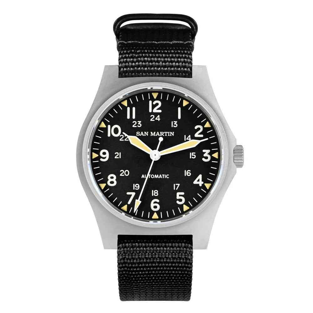San Martin Pilot Watch 38mm NH35 Retro Military Automatic Mechanical Wristwatch Bead Blasted Case Waterproof 100m SN0137