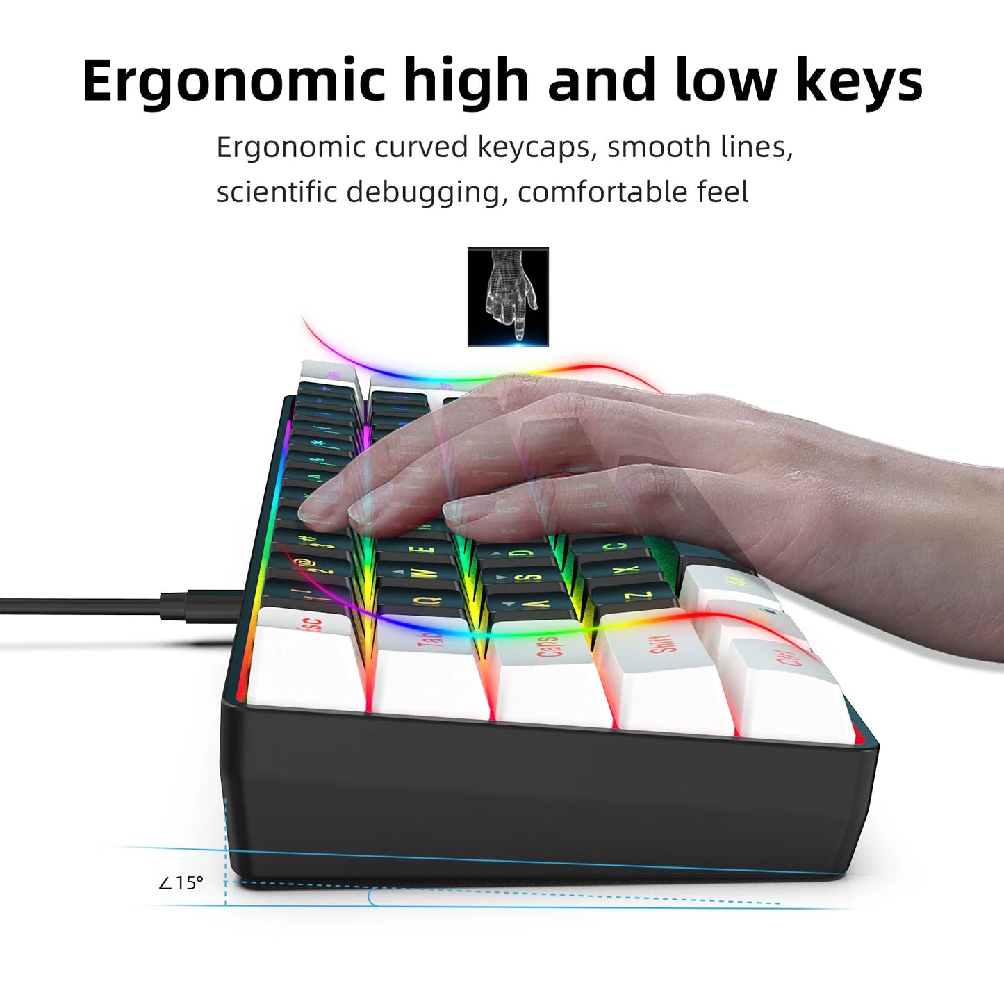 HXSJ-V700 60% RGB Backlit Gaming Keyboard, Compact 61-Key Mini Wired Office Keyboard with Ergonomic Design for office Home use
