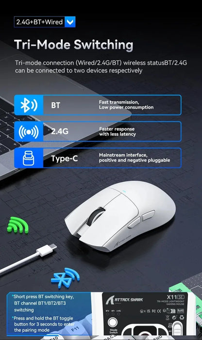 ATTACK SHARK X11SE Ultra-Light Wireless Gaming Mouse,20Million cycles life,PAW3311 Gaming,22KDPI,400IPS,40G,1KHz,65 Hours,30mAH