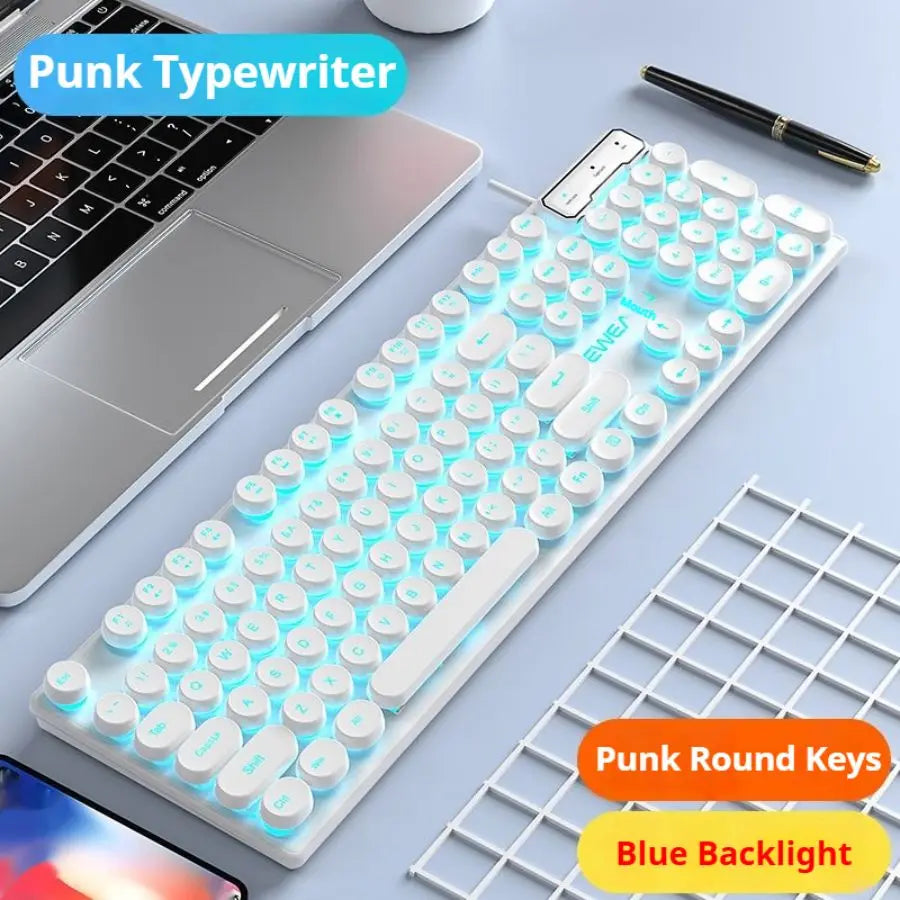 EWEADN GX330 Typewriter Gaming Keyboard,104Keys Wired Round Keycaps with Blue Backlit USB Wired Computer External Keyboards