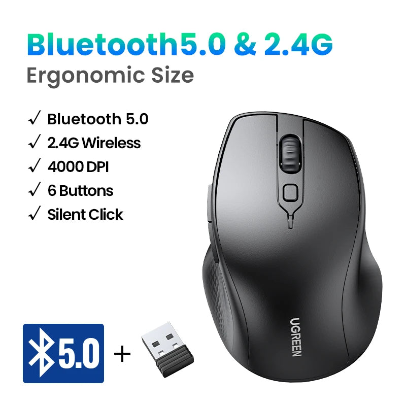 UGREEN Wireless Mouse Bluetooth 5.0 Ergonomic 4000 DPI 6 Mute Buttons For MacBook Computer Tablet Laptop PC 2.4G Mice Mouse