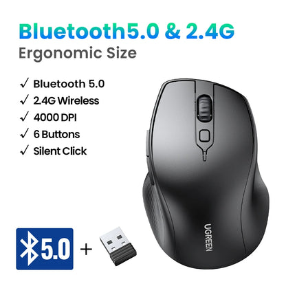 UGREEN Wireless Mouse Bluetooth 5.0 Ergonomic 4000 DPI 6 Mute Buttons For MacBook Computer Tablet Laptop PC 2.4G Mice Mouse