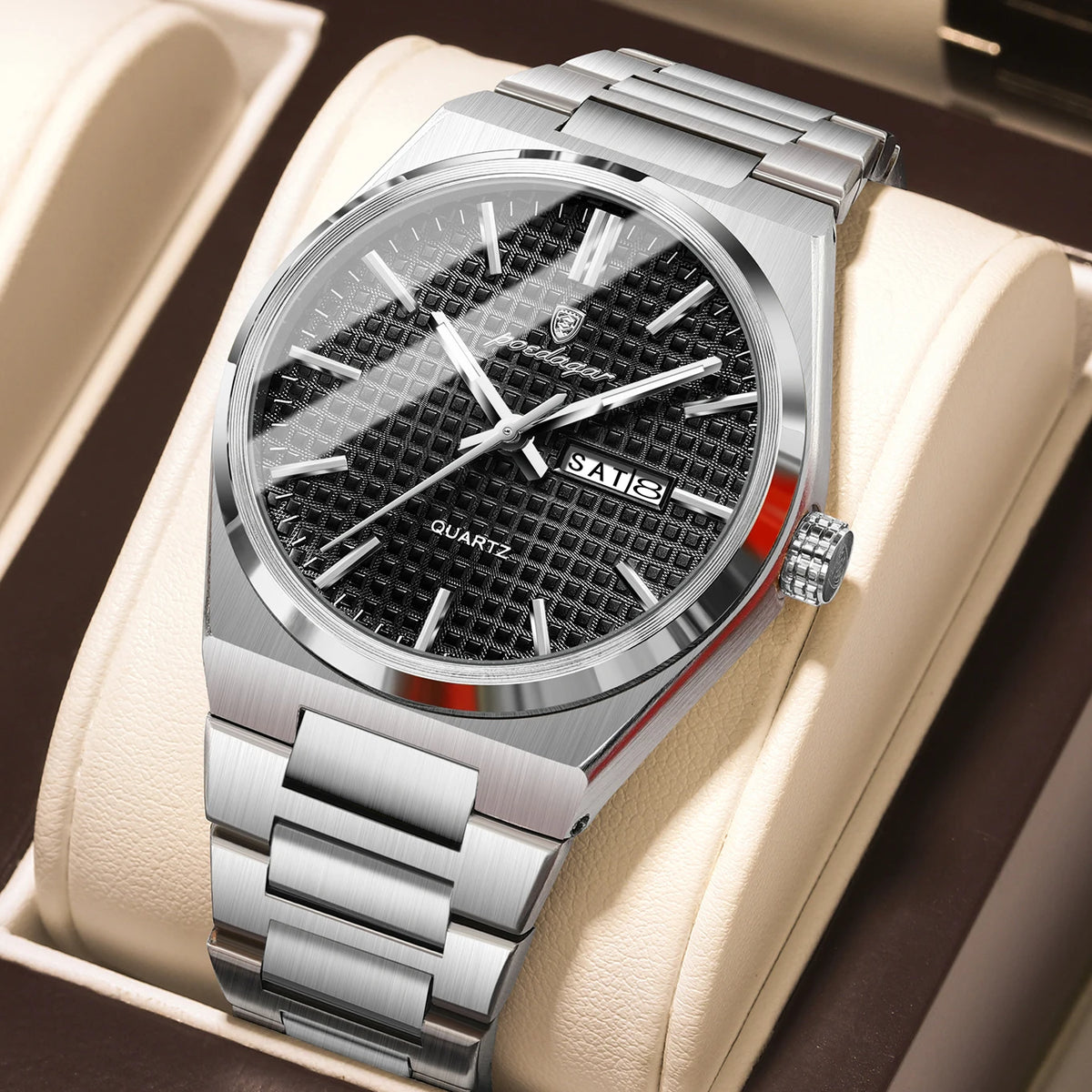 POEDAGAR luxury men’s wristwatch, water-resistant, luminous, stainless steel, with date and day of the week, quartz movement, business style.