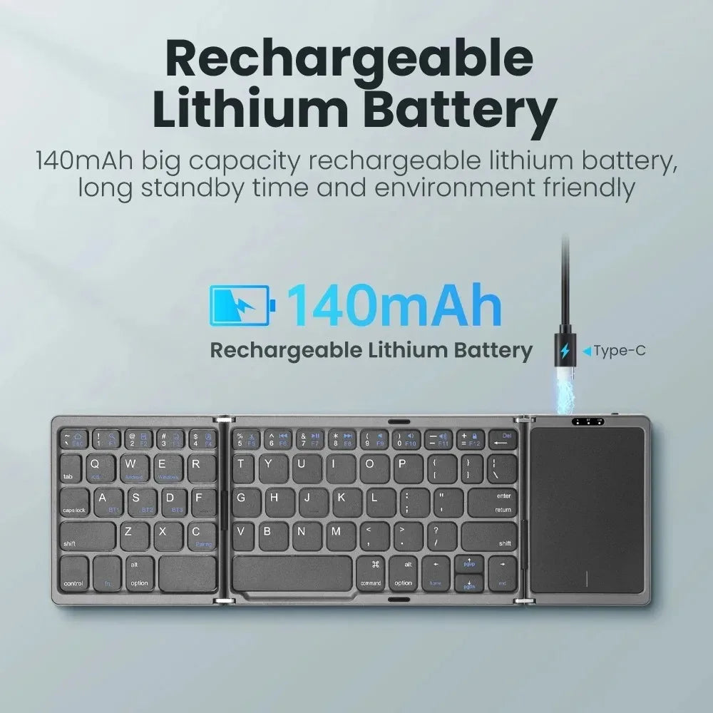 Tri-Bluetooth Keyboard Tri-fold keyboard with Touchpad Portable Mini Keyboard Rechargeable Keyboard for PC Windows Android IOS