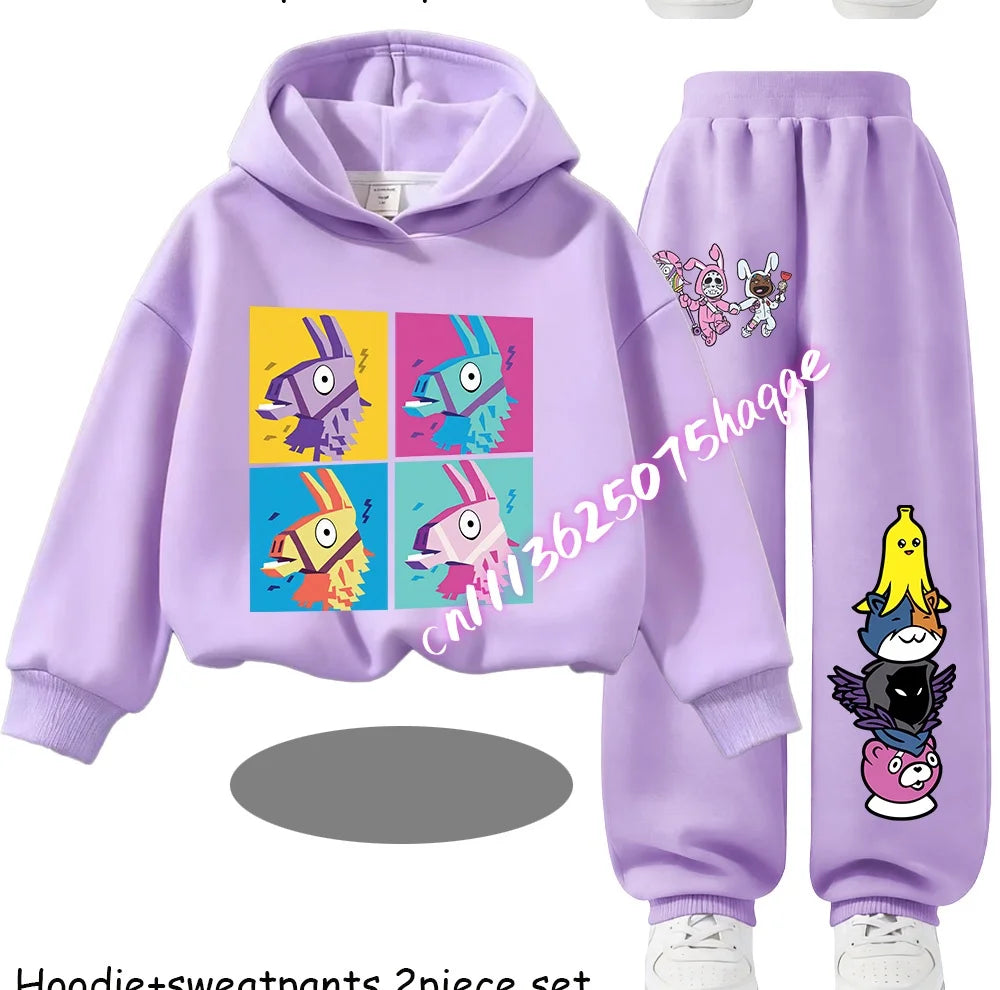 Fortnite Kinder-Set für Frühling und Herbst: langärmliges Kapuzen-Sweatshirt und Hose mit Gaming-Cartoon-Print für Jungen
