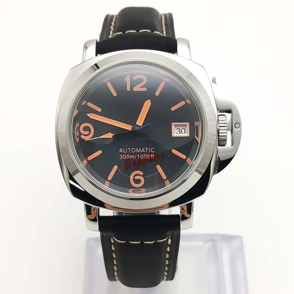 Parnsrpe Men's Automatic Mechanical NH35 Watch Polished Case Sapphire Glass Leather Strap 40mm Men's Watch