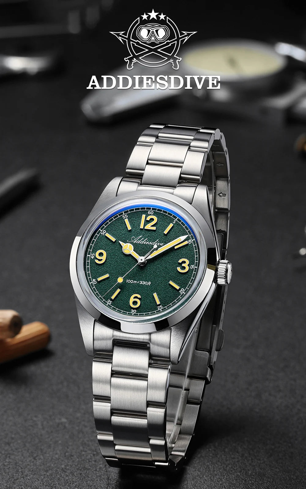 ADDIESDIVE 36mm Bestseller-Herrenuhr AD2518 mit gewölbtem Spiegelglas, 316L-Edelstahl, Herrenuhr, 100m wasserdichte Quarzuhr