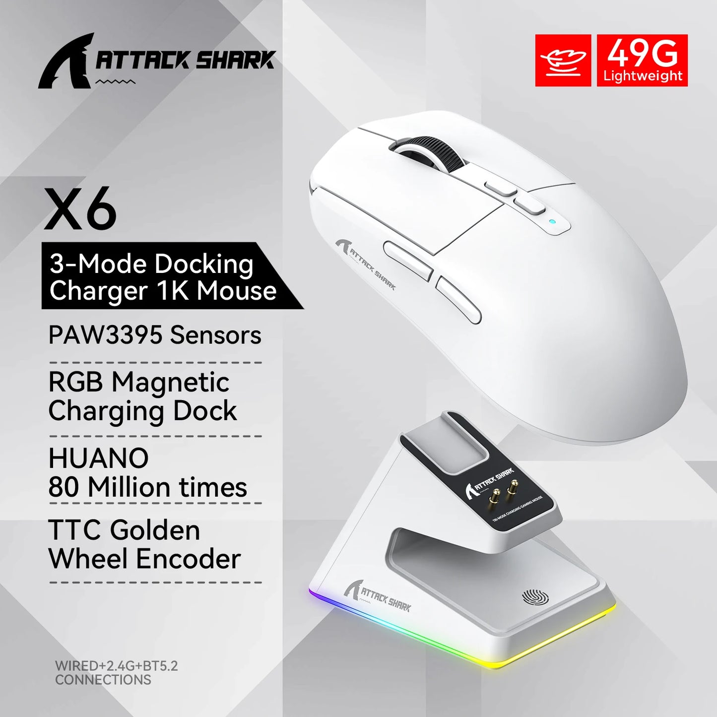 ATTACK SHARK X6 Tri-mode Gaming Mouse with Magnetic Charging Dock, PixArt PAW3395 Sensor, 26K DPI, 49g Ultralight, for PC/Mac