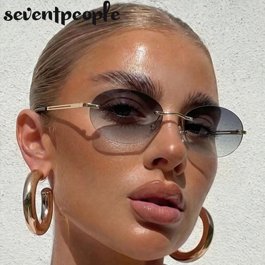 Rimless Oval Sunglasses Women 2026 Luxury Brand Vintage Small Frame Gold Metal Gradient Lens Y2K Punk Streetwear Fashion Eyewear