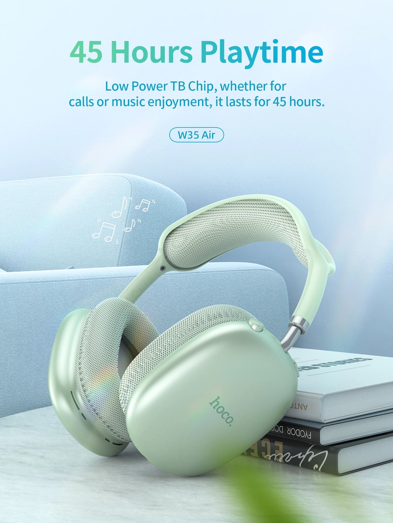 HOCO W35 Air Over-ear Bluetooth Headphones Wireless Sports headset Suport TF card AUX mode Stereo Smart Gaming Student Earphones