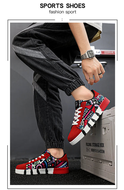 YRZL Men's Sports Running Shoes Canvas Geometric Style Lace-Up Sneakers Couples' Fashionable Graffiti Print Skate Shoes Men