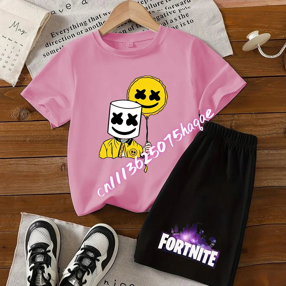 Completo estivo Fortnite con T-shirt e shorts per bambini e bambine, set 2 pezzi, abbigliamento bambino con top, T-shirt e pantaloncini, stampa Fortress Night, idea regalo