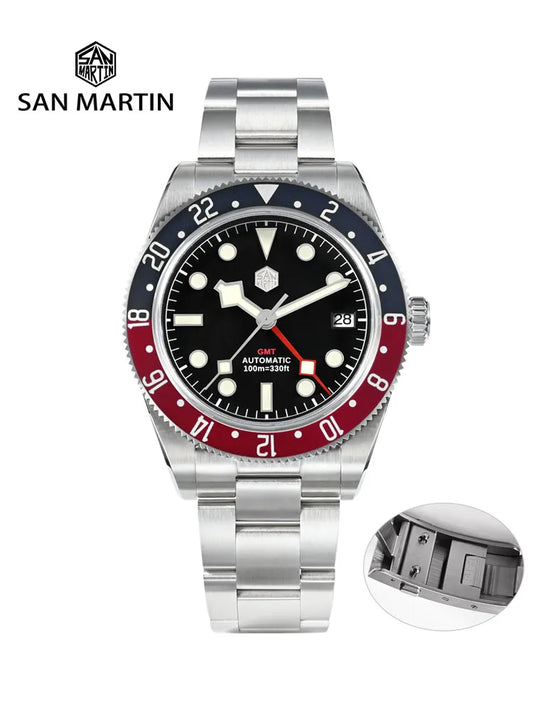 San Martin 39mm NH34 GMT Men Luxury Watch Bidirectional Aluminum Bezel Automatic Mechanical Sapphire 100M Waterproof  SN0109