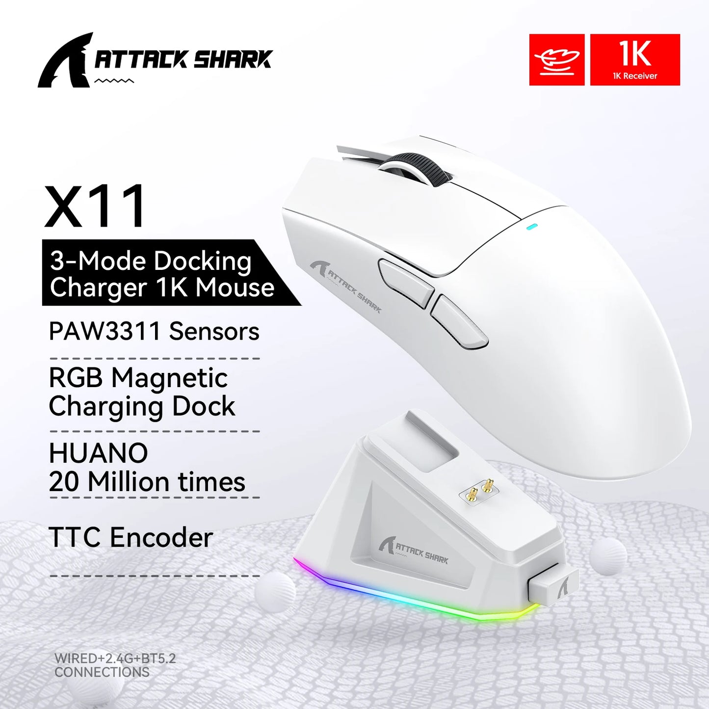 Attack Shark R1/X11 Tri-Mode Wireless Gaming Mouse 18K DPI PAW3311 Bluetooth/2.4GHz/Wired Lightweight Programmable for PC/Laptop