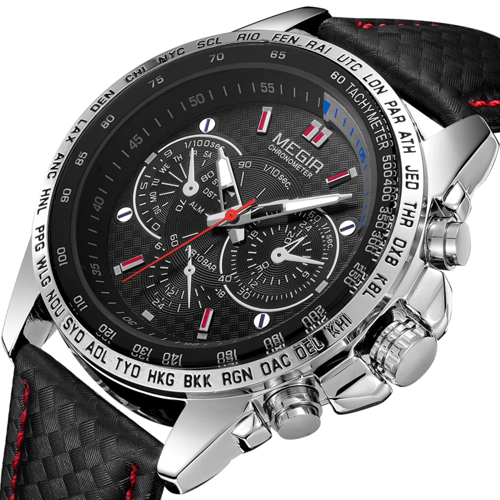 MEGIR analoog quartz-polshorloge voor heren – Waterdicht luxehorloge met leren band, casual stijl, model 1010 (zwart)