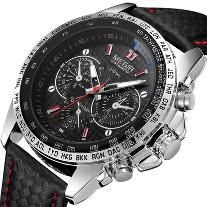 MEGIR analoog quartz-polshorloge voor heren – Waterdicht luxehorloge met leren band, casual stijl, model 1010 (zwart)