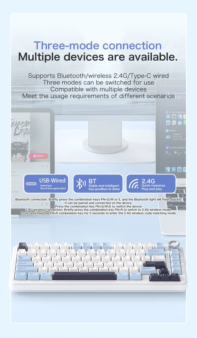 F75 Mechanical Keyboard FREEWOLF 81 Keys Layout Metal Knobs PBT Keycaps,Fully Hot-swappable Keys RGB Multi-color Backlighting