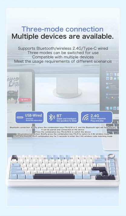 F75 Mechanical Keyboard FREEWOLF 81 Keys Layout Metal Knobs PBT Keycaps,Fully Hot-swappable Keys RGB Multi-color Backlighting