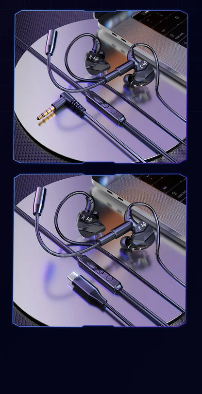 Gaming Earbud Gamer Headphone With Dual Microphones Typec&3.5mm In-ear Earphones HiFi Stereo Headsets Sport with Mic for Samsung