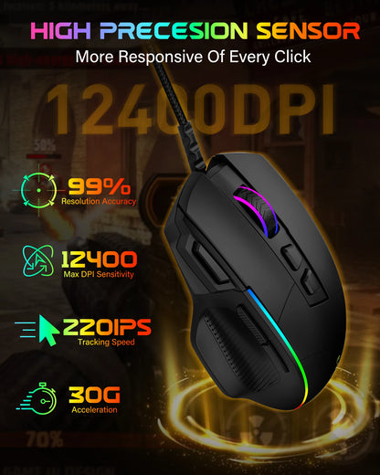 E-YOOSO X49 Wired Gaming Mouse 12400 DPI Adjustable, RGB Backlit, 8 Programmable Buttons, Ergonomic Gamer Mouse for PC Laptop