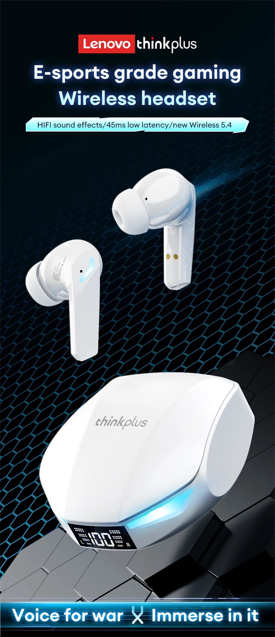 Lenovo XT53 Wireless Bluetooth 5.4 Gaming Earbuds – LED Display, Waterproof Noise Isolating Earphones with Low Latency & Microphone