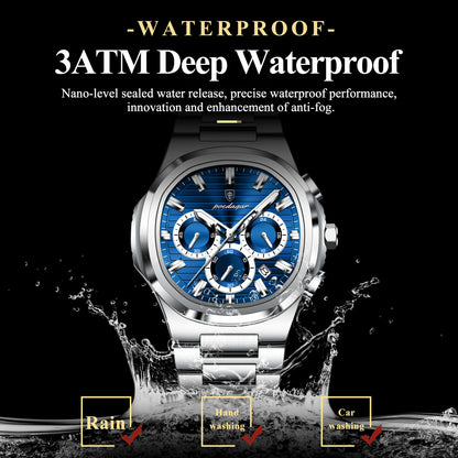 POEDAGAR Men’s Luxury Stainless Steel Quartz Watch  Waterproof Chronograph with Luminous Dial & Date