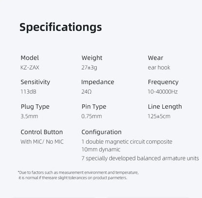 KZ ZAX 7BA 1DD Hybrid In Ear Earphones 16 Driver Unit HIFI Headset Metal Earbuds Earphone 2PIN Cable
