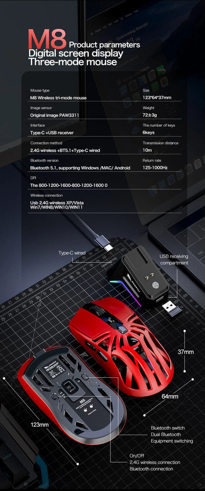 SMAILWOLF M8 Wireless Bluetooth Tri-Mode Mouse Lightweight PAW3311 Gaming RGB Magnetic Charging 12000dpi Gaming Mouse