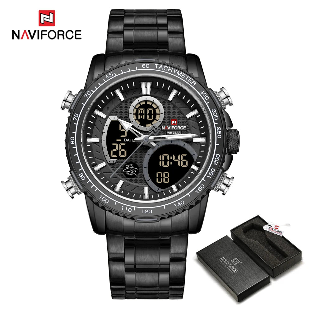 NAVIFORCE sportklocka för män – Original lyxig armbandsur i rostfritt stål, vattentät militärmodell med dubbla displayer