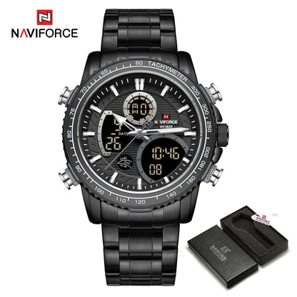 NAVIFORCE sportklocka för män – Original lyxig armbandsur i rostfritt stål, vattentät militärmodell med dubbla displayer